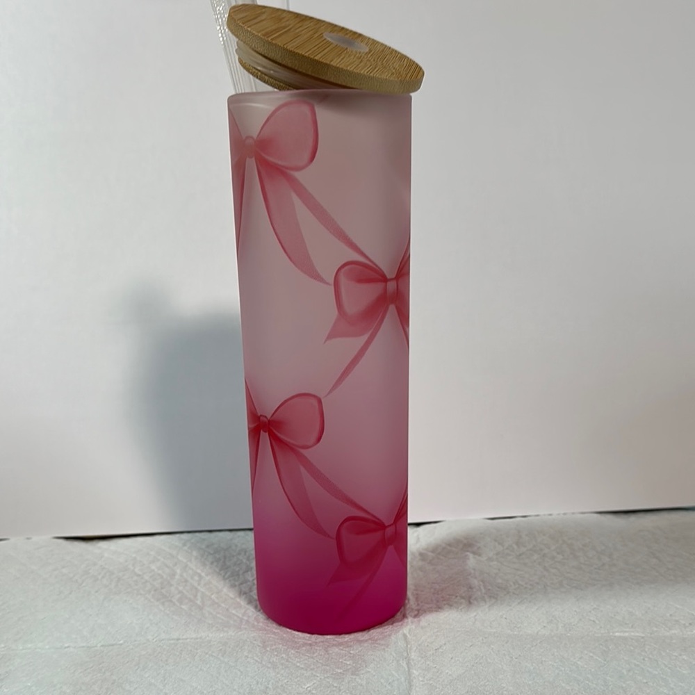 Chic Pink Bow Glass Bottle with Bamboo Lid